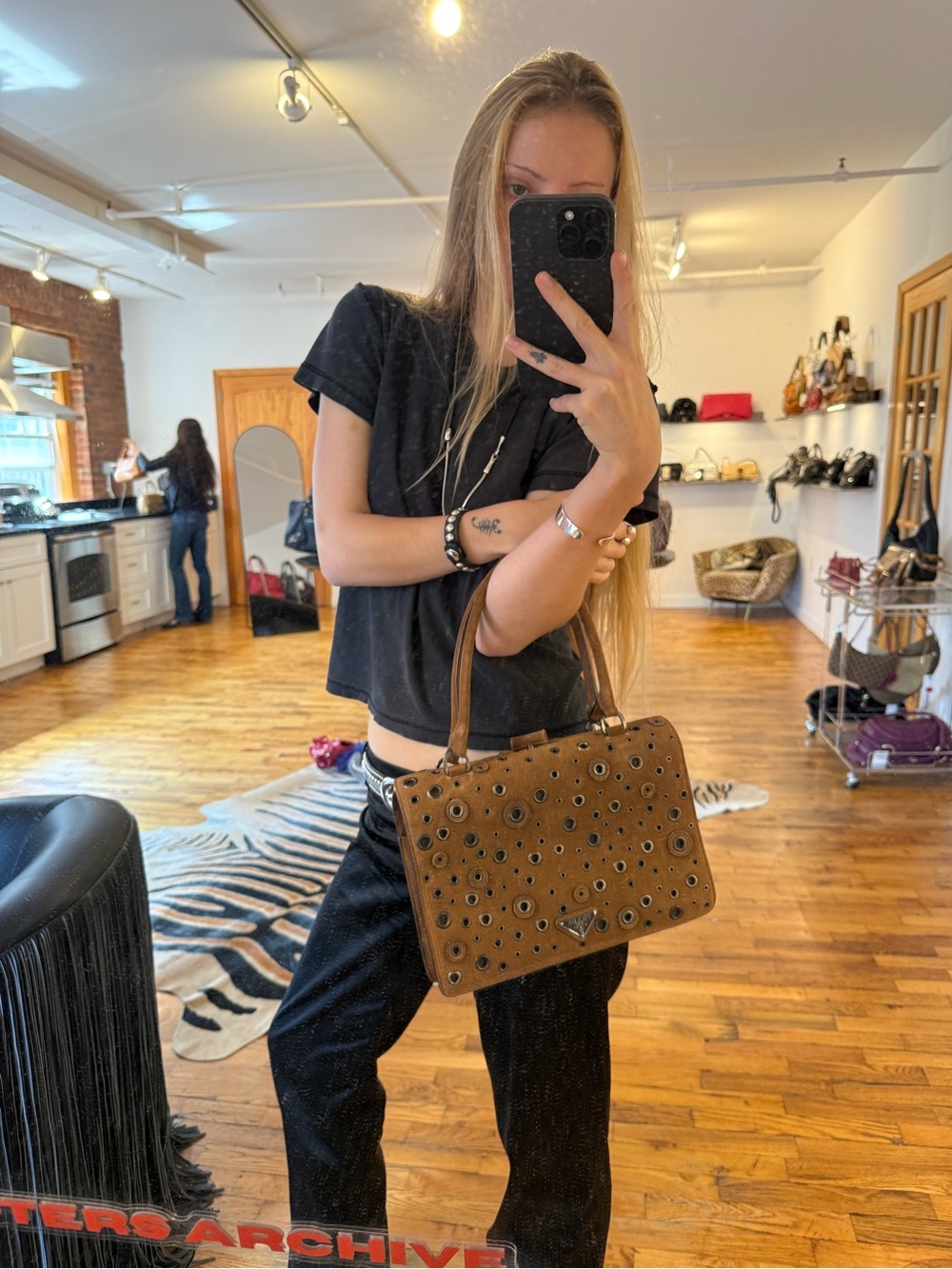 PRADA BROWN SUEDE GROMMET FRAME SATCHEL - Picture 6 of 7